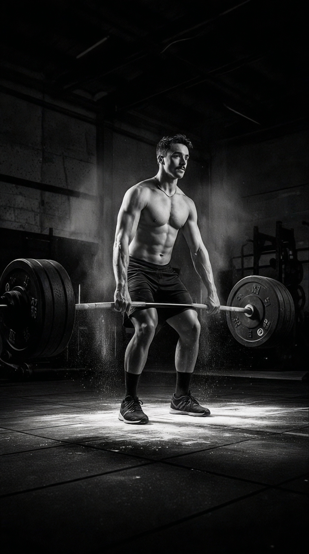 Athlete deadlifting in a moody gym